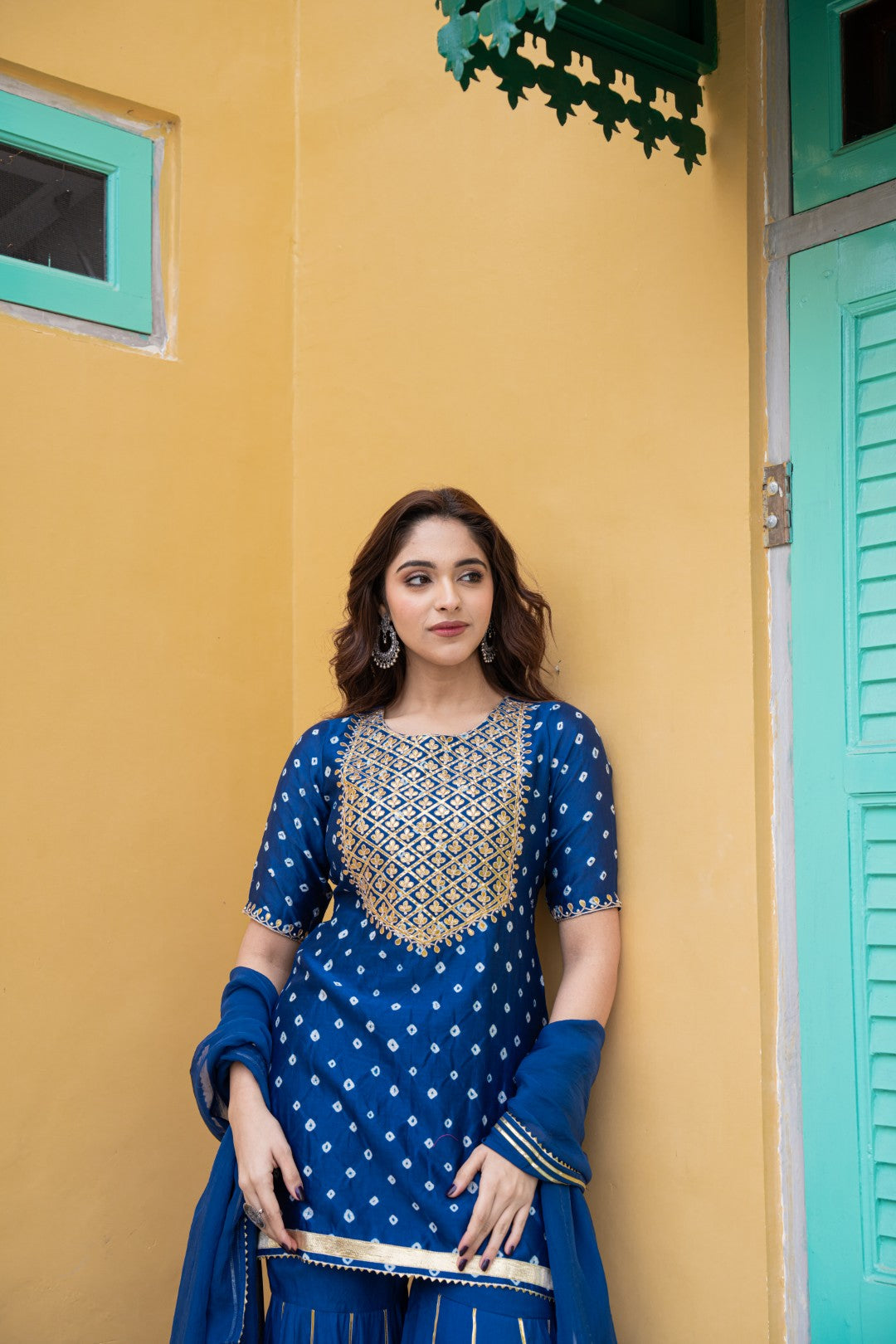 CRESTY STUNNING NAVY BLUE BANDHANI KURTA SHARARA SET