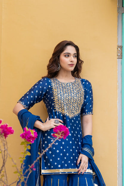 CRESTY STUNNING NAVY BLUE BANDHANI KURTA SHARARA SET