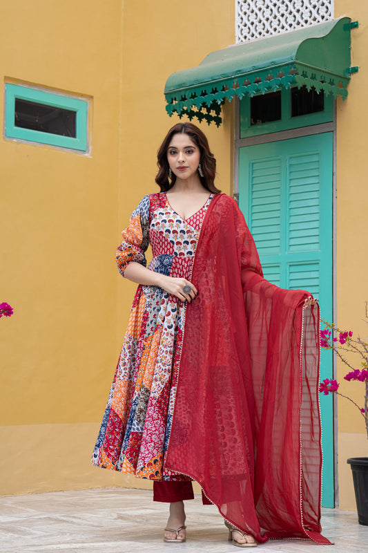 FREEN FOIL COTTON ANARKALI SUIT- SET OF 3