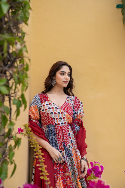 FREEN FOIL COTTON ANARKALI SUIT- SET OF 3