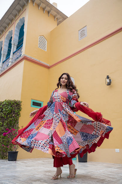 FREEN FOIL COTTON ANARKALI SUIT- SET OF 3