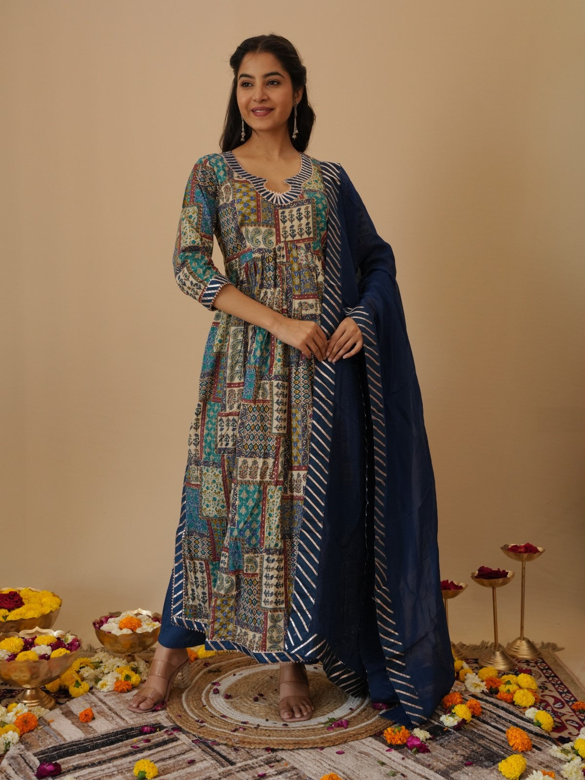 PURE COTTON FOIL PRINT WITH PATCH WORK (A-LINE) KURTA SET