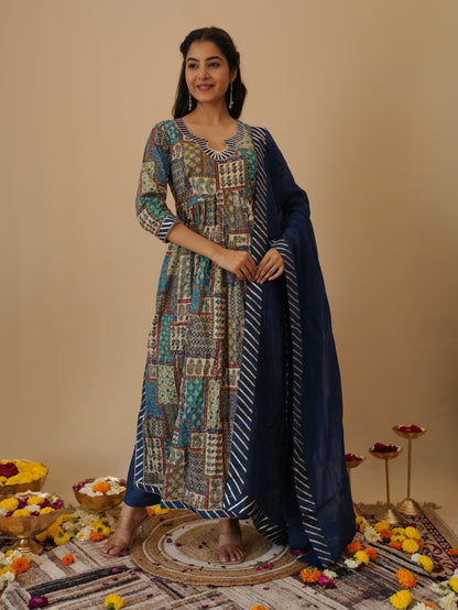 PURE COTTON FOIL PRINT WITH PATCH WORK (A-LINE) KURTA SET