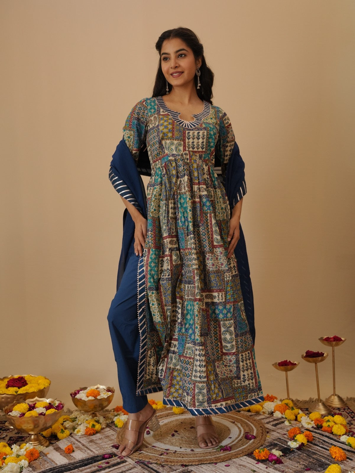 PURE COTTON FOIL PRINT WITH PATCH WORK (A-LINE) KURTA SET
