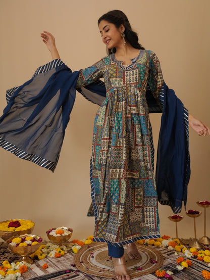 PURE COTTON FOIL PRINT WITH PATCH WORK (A-LINE) KURTA SET