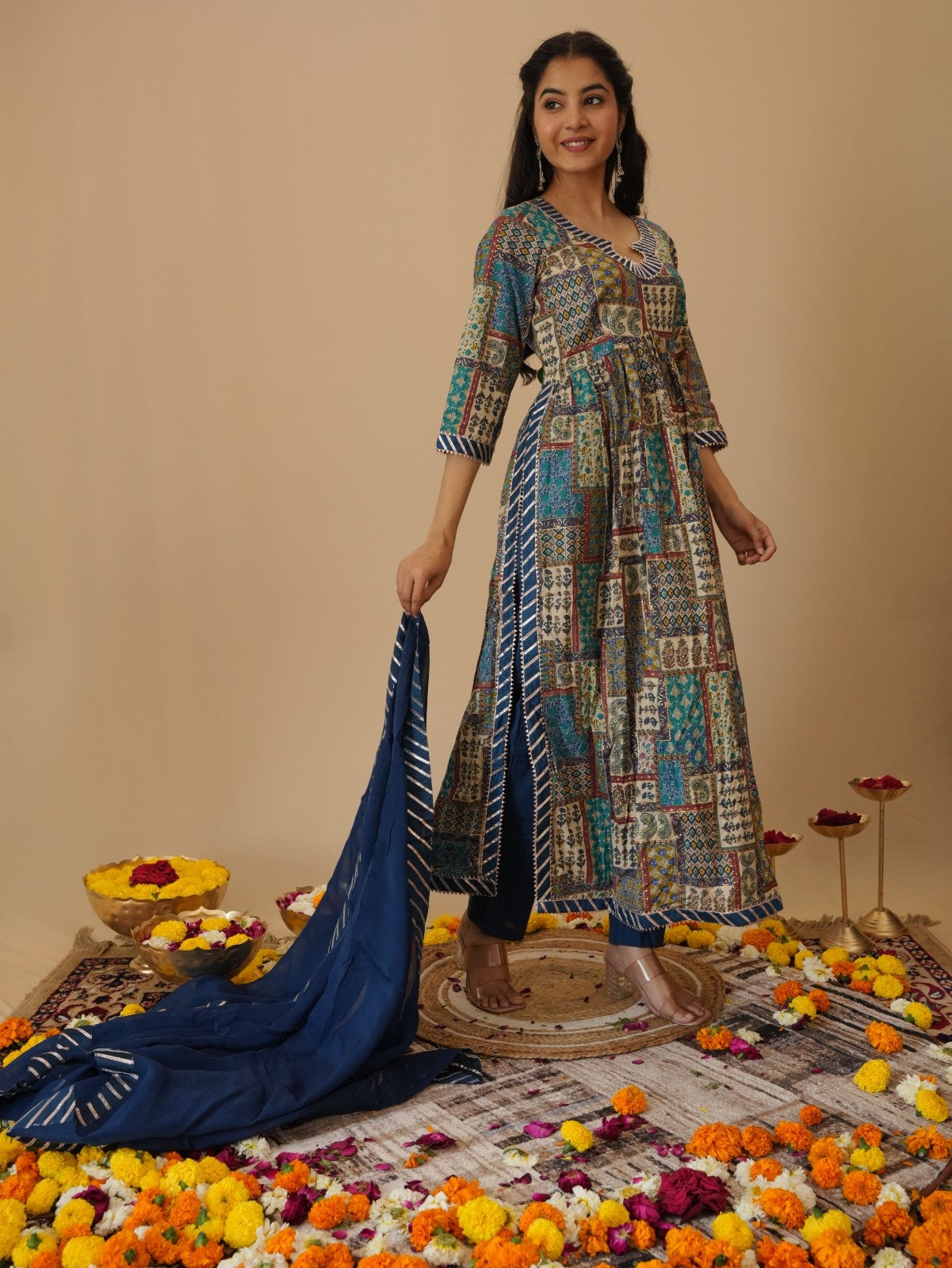 PURE COTTON FOIL PRINT WITH PATCH WORK (A-LINE) KURTA SET