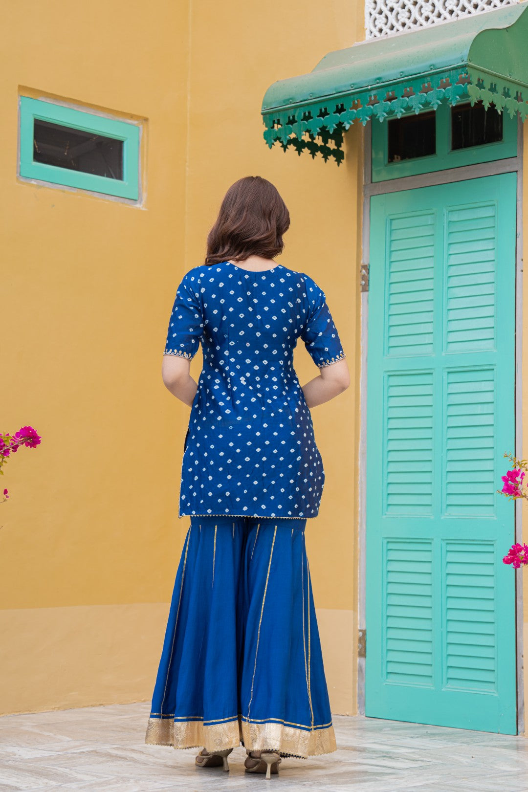 CRESTY STUNNING NAVY BLUE BANDHANI KURTA SHARARA SET