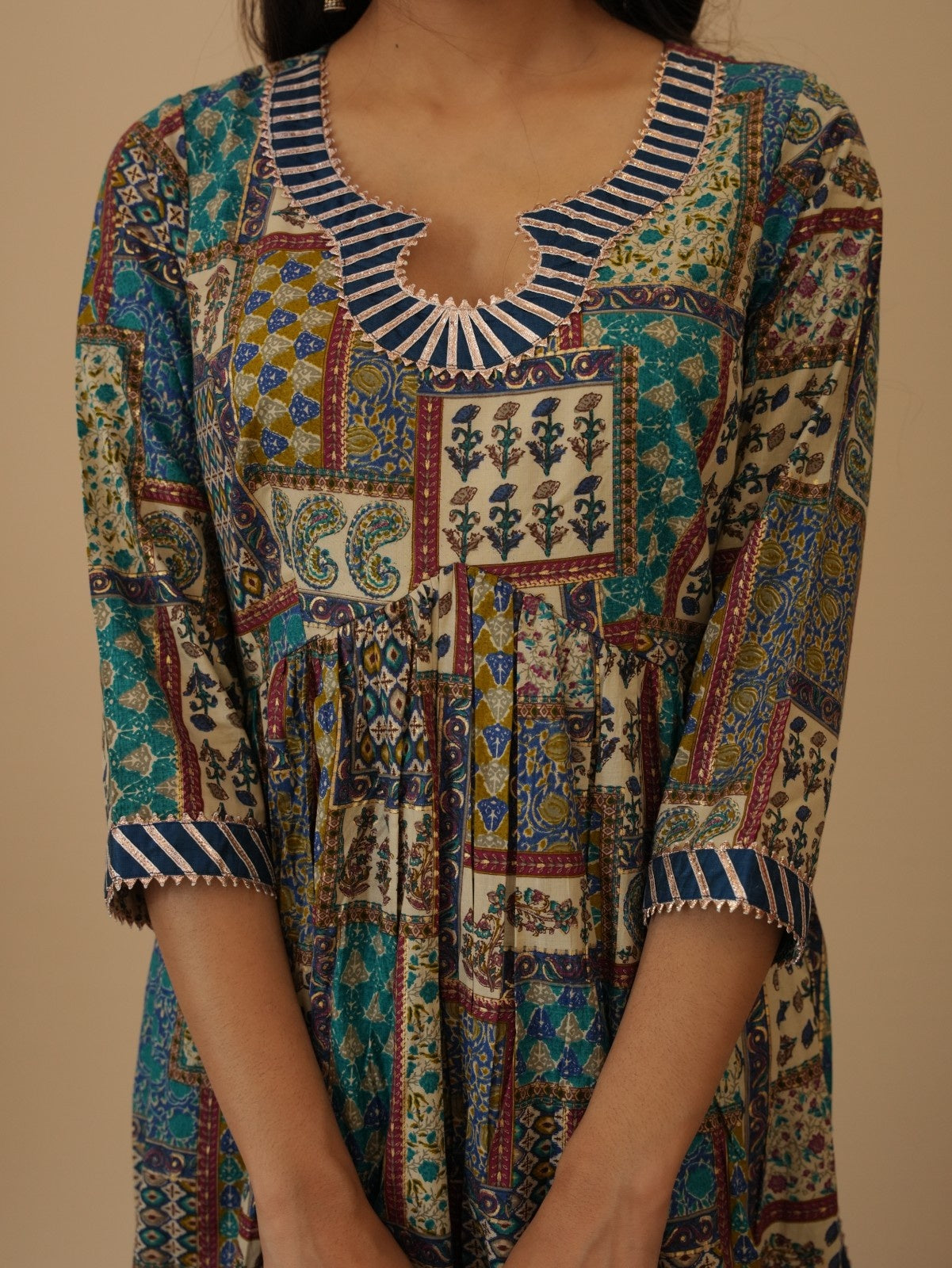 PURE COTTON FOIL PRINT WITH PATCH WORK (A-LINE) KURTA SET