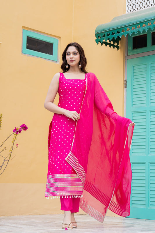 HOT RANI BANDHEJ HAND EMBROIDERY SILK KURTA SET