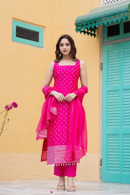 HOT RANI BANDHEJ HAND EMBROIDERY SILK KURTA SET