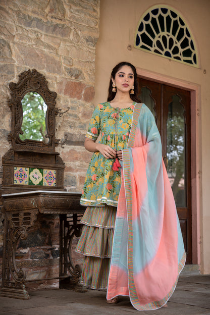 PISTABEON FLORAL PRINTED THREE PIECE SHARARA SET