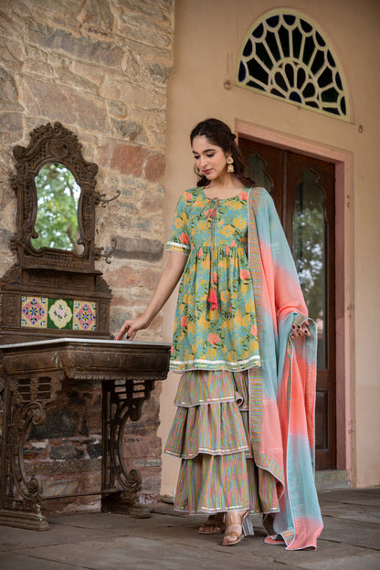 PISTABEON FLORAL PRINTED THREE PIECE SHARARA SET