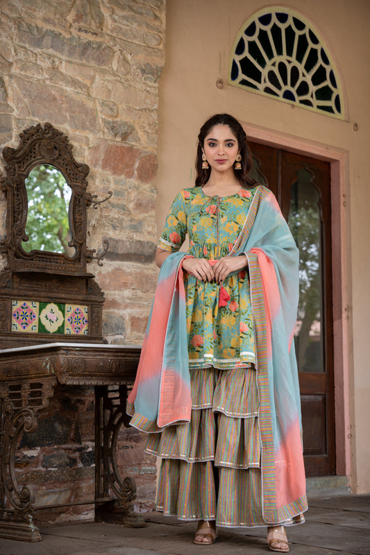 PISTABEON FLORAL PRINTED THREE PIECE SHARARA SET