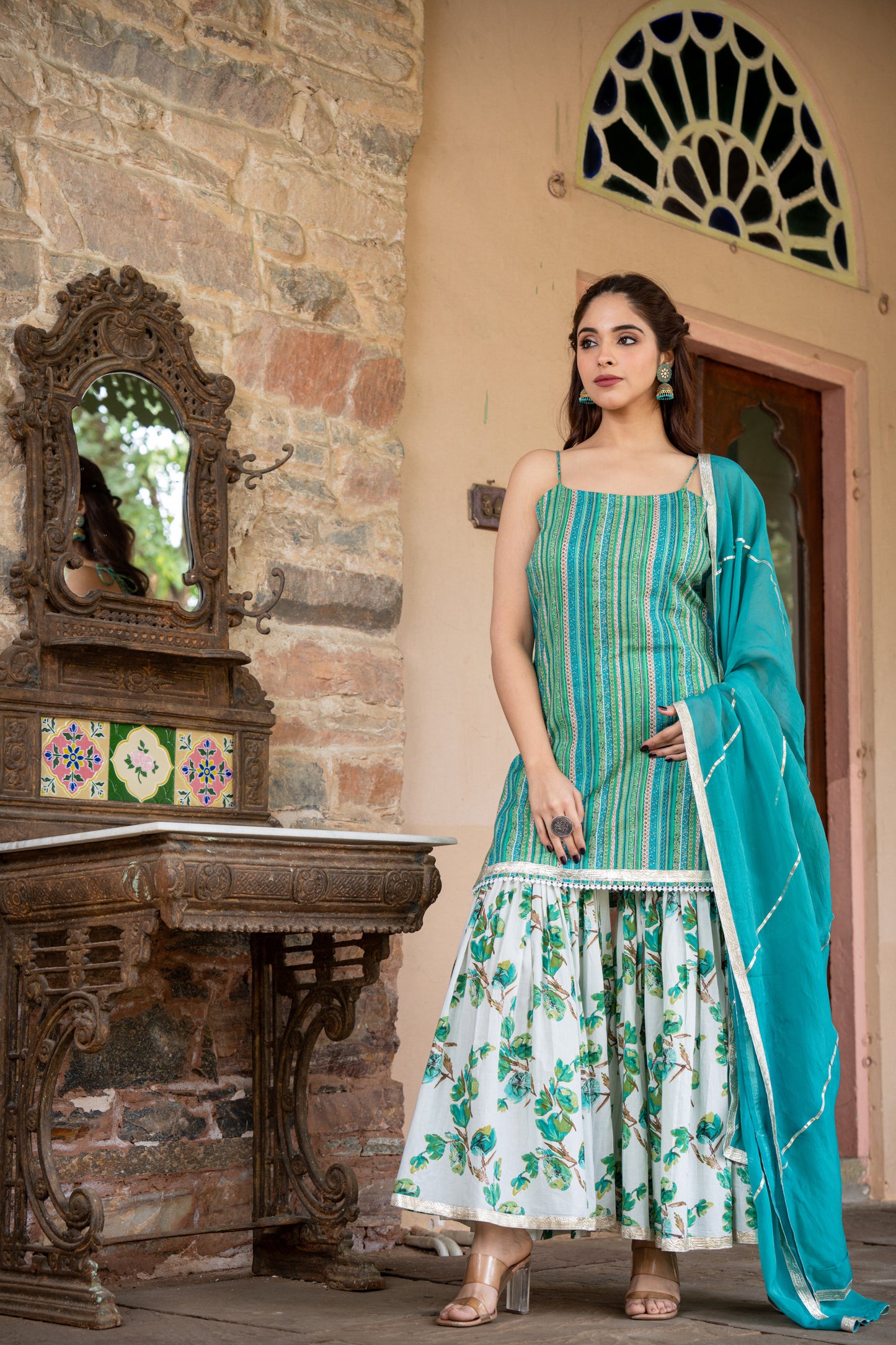 SEIA GREEN COTTON SHARARA- SET OF 3