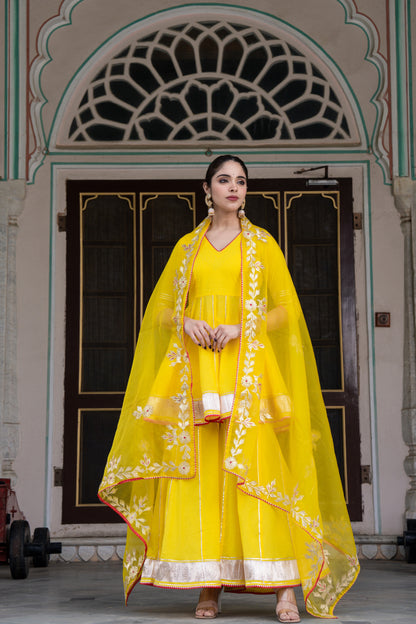 FISHLY BRIGHT YELLOW COTTON SHARARA- SET OF 3