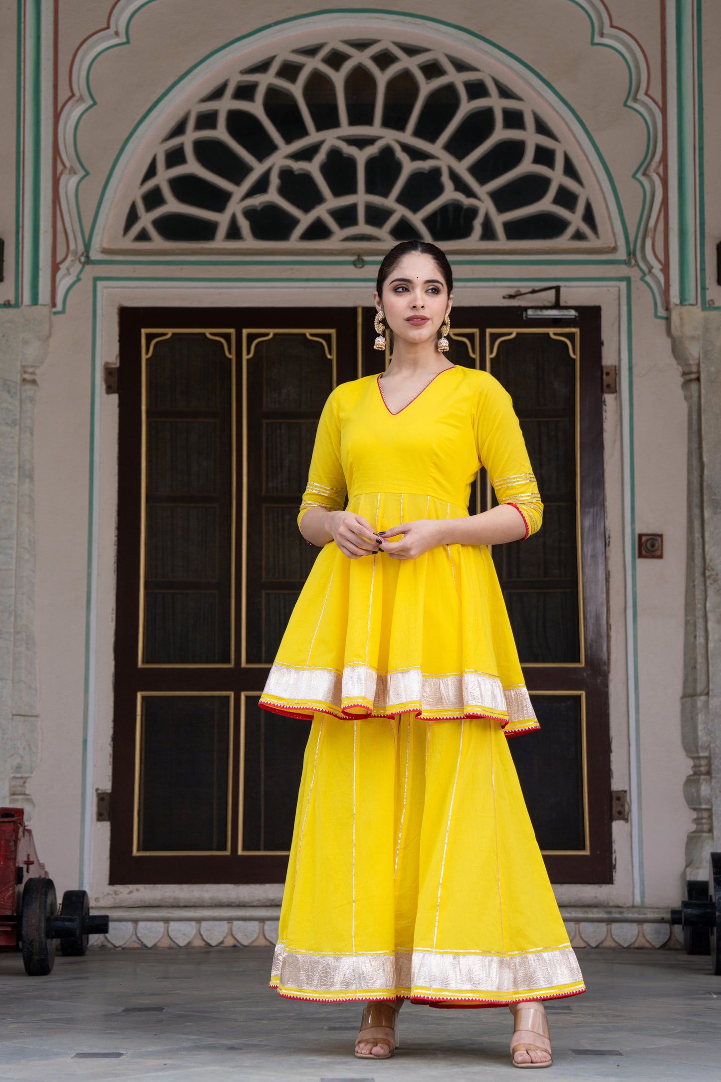 FISHLY BRIGHT YELLOW COTTON SHARARA- SET OF 3