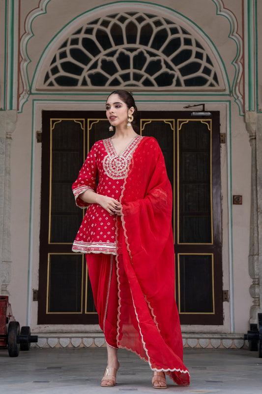RUBY RED MUSLIN DHOTI KURTA SET