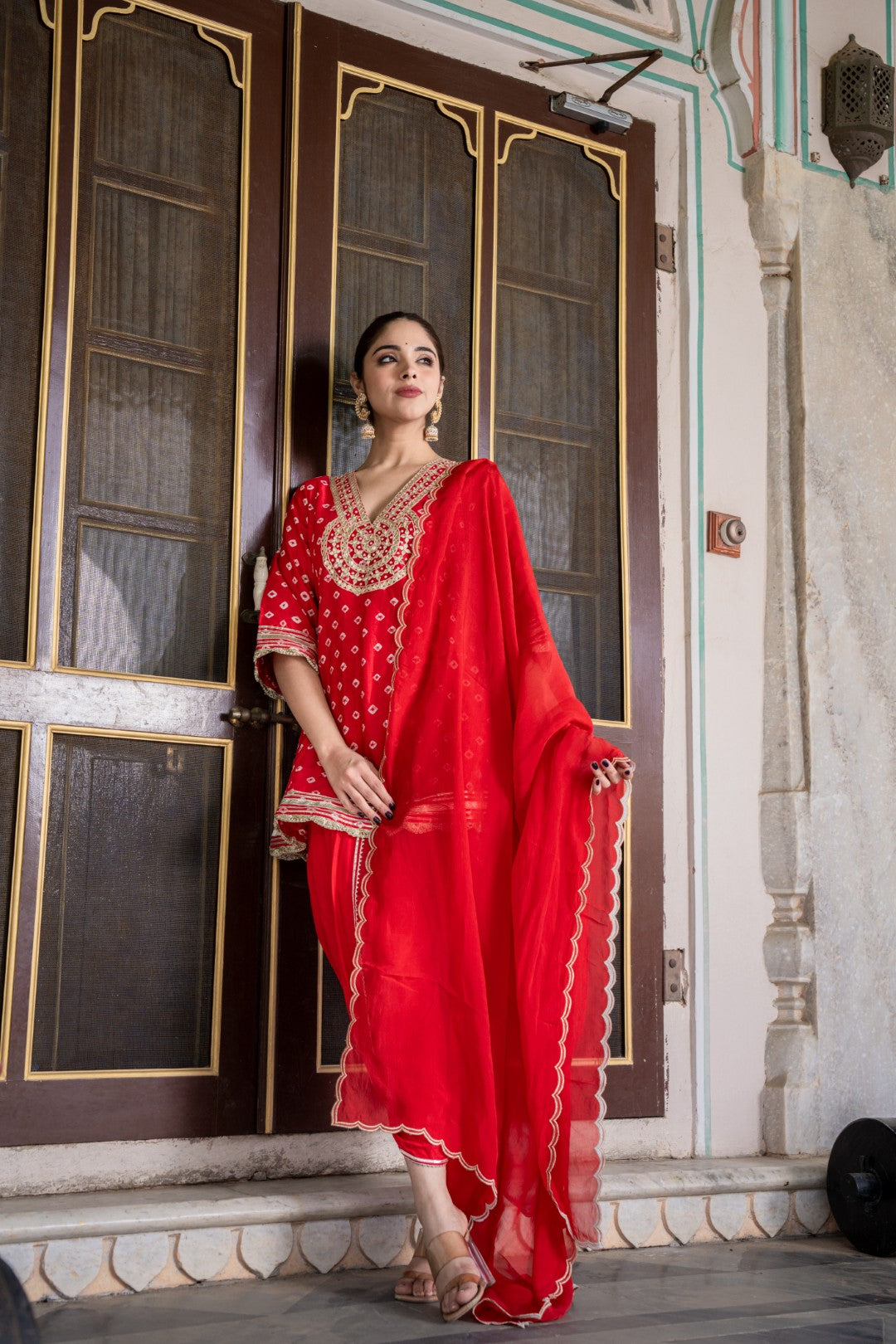 RUBY RED MUSLIN DHOTI KURTA SET