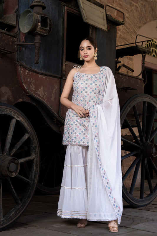 INDOIS WHITE GEORGETTE KURTA SHARARA SET