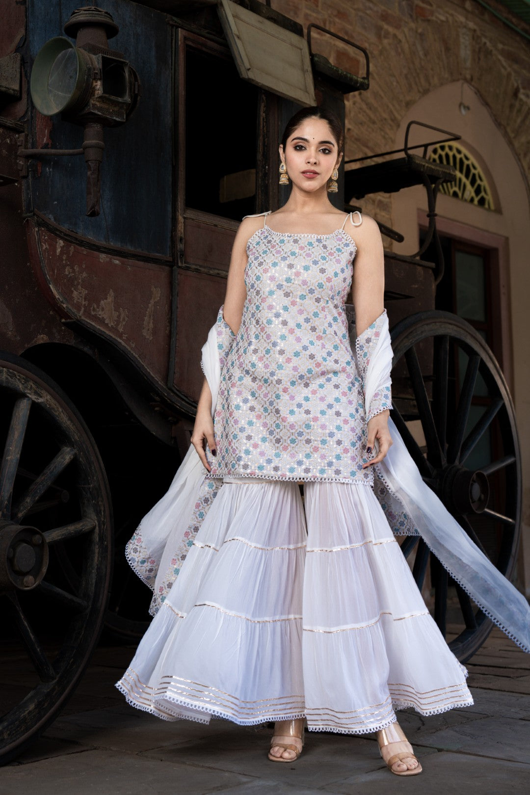 INDOIS WHITE GEORGETTE KURTA SHARARA SET