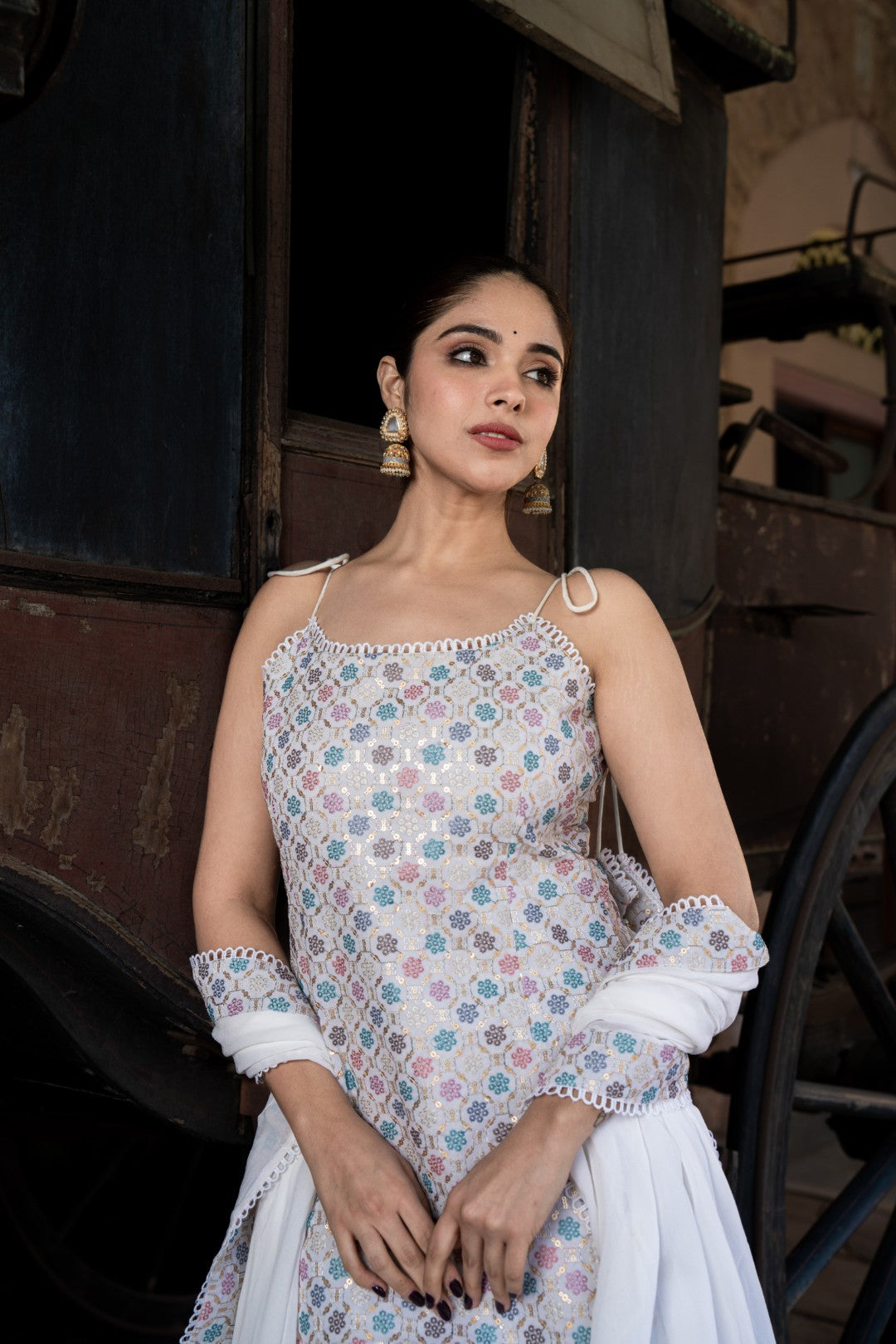 INDOIS WHITE GEORGETTE KURTA SHARARA SET
