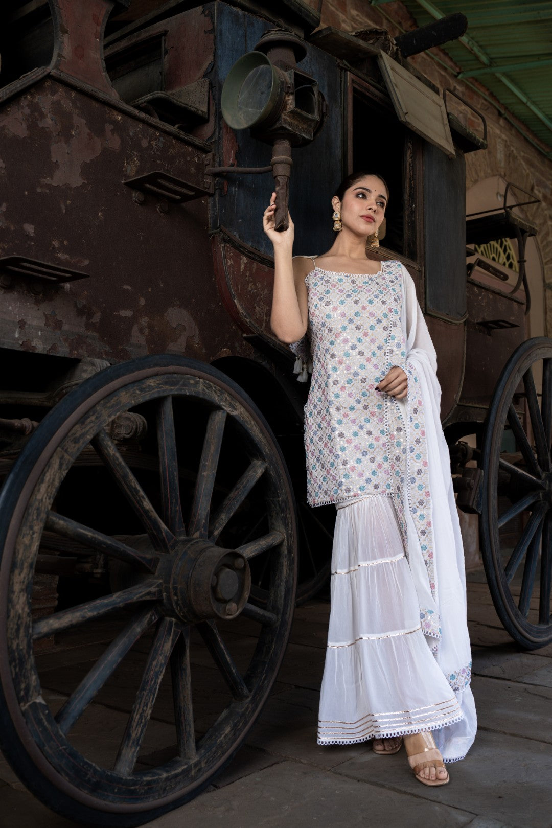 INDOIS WHITE GEORGETTE KURTA SHARARA SET