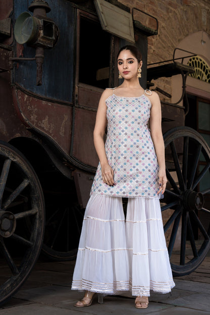 INDOIS WHITE GEORGETTE KURTA SHARARA SET