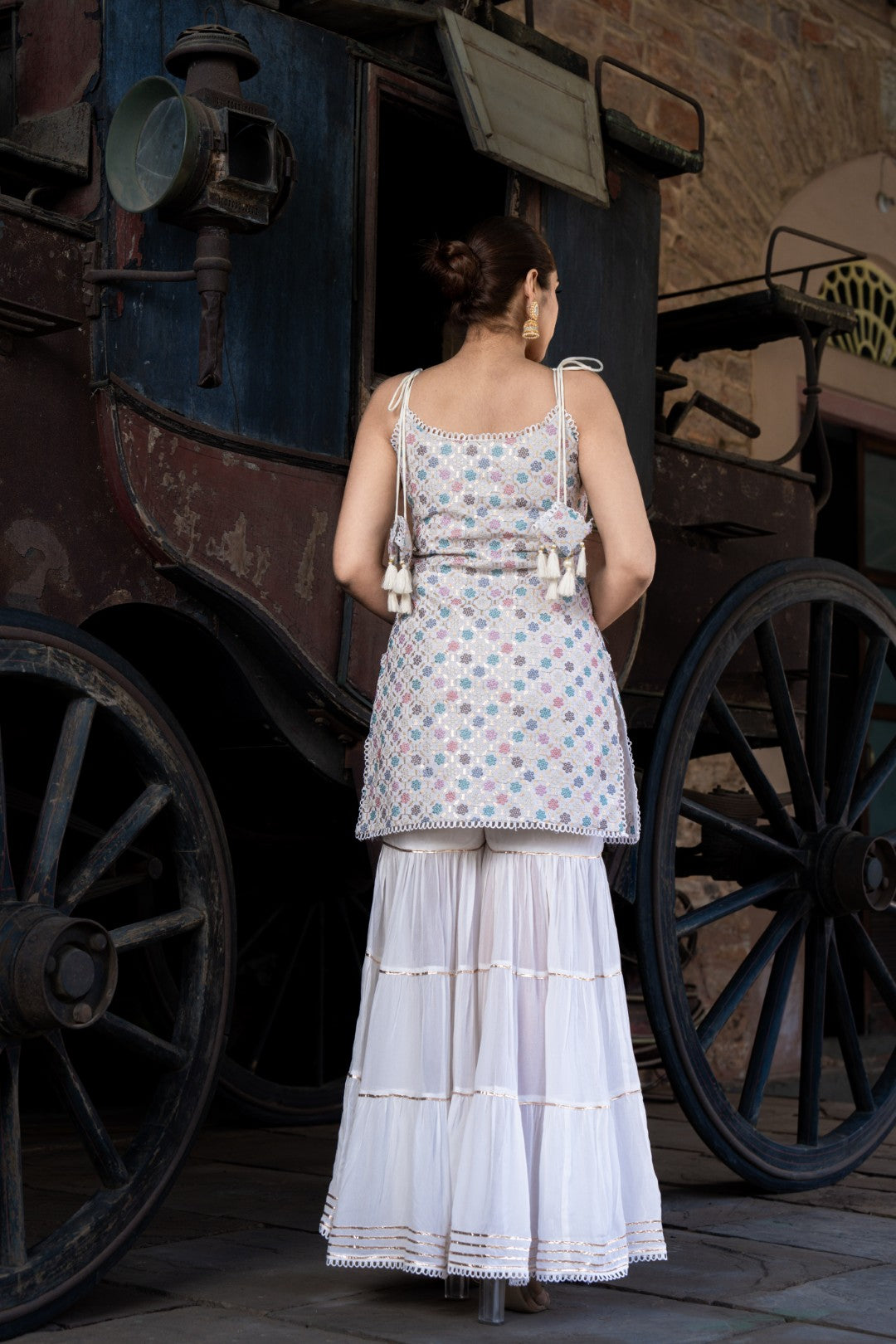 INDOIS WHITE GEORGETTE KURTA SHARARA SET