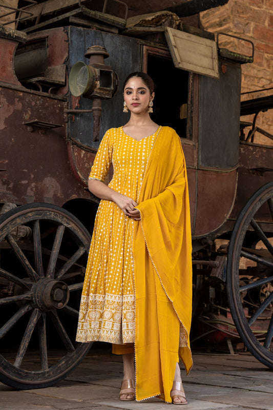 MUSTARD CHIKANKARI ANARKALI DRESS