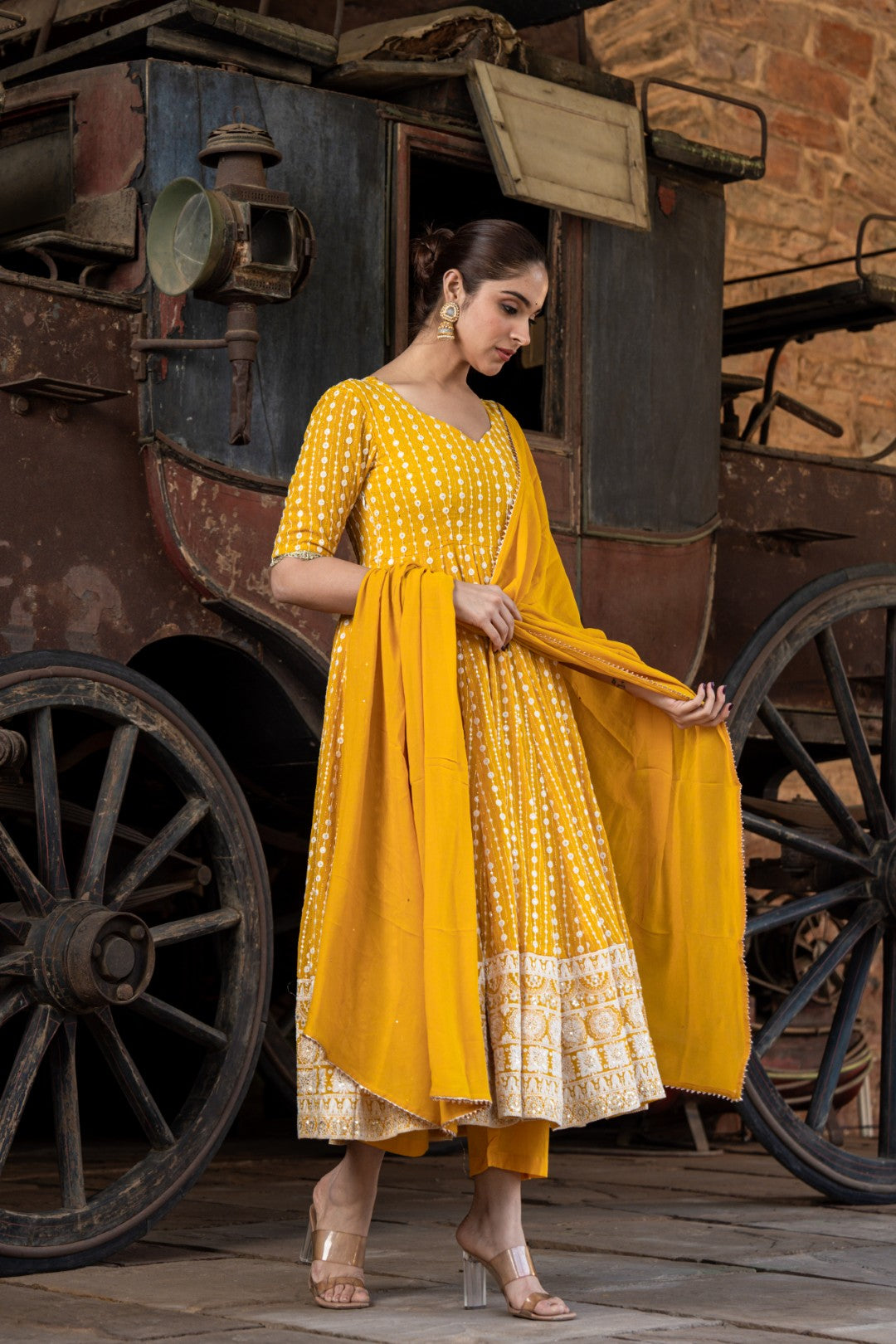 MUSTARD CHIKANKARI ANARKALI DRESS