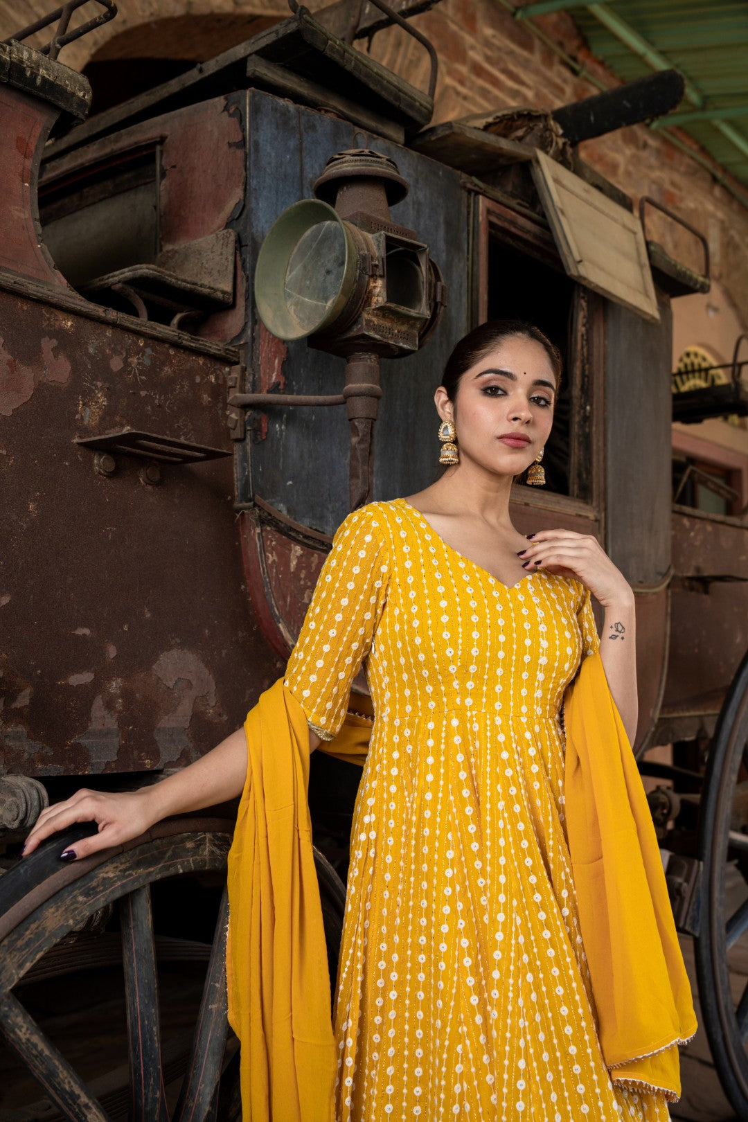 MUSTARD CHIKANKARI ANARKALI DRESS