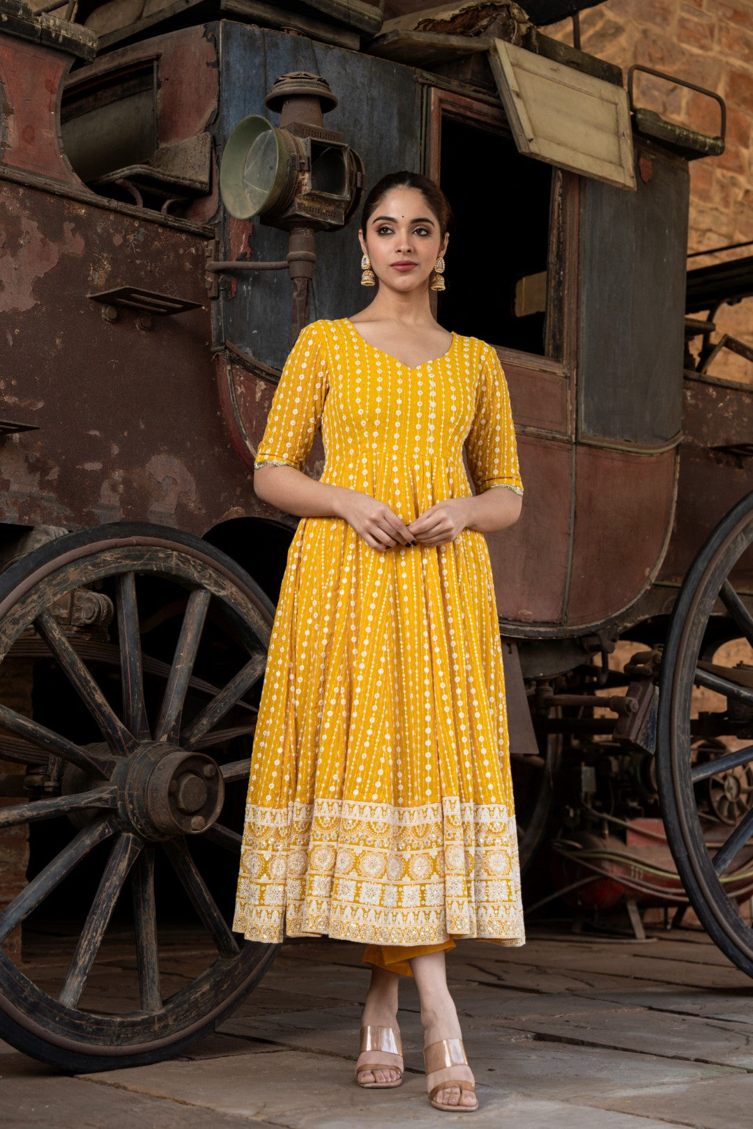 MUSTARD CHIKANKARI ANARKALI DRESS