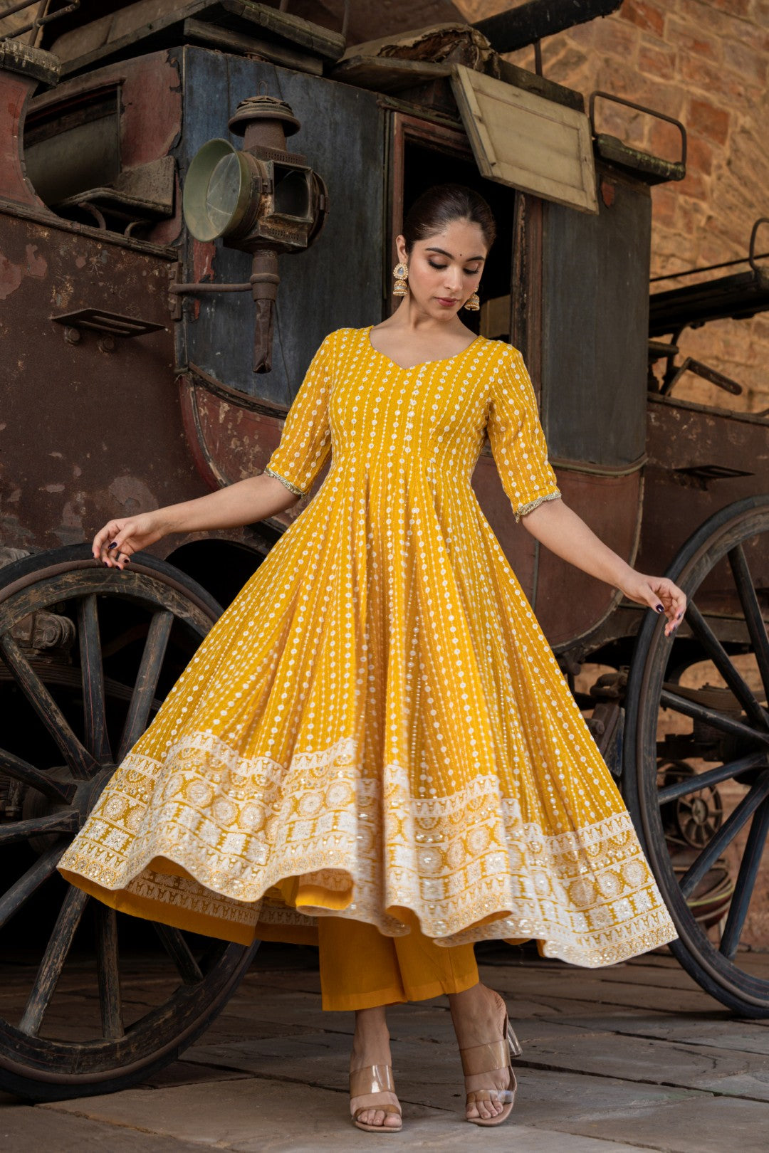 MUSTARD CHIKANKARI ANARKALI DRESS