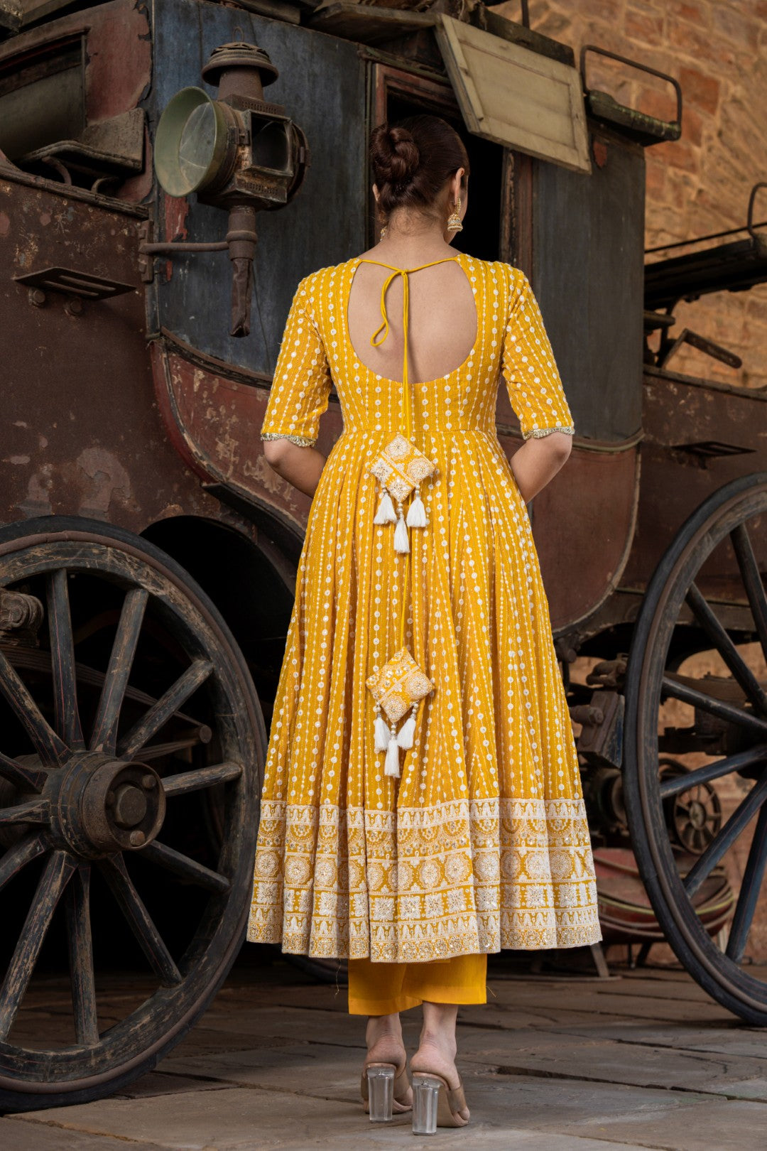 MUSTARD CHIKANKARI ANARKALI DRESS