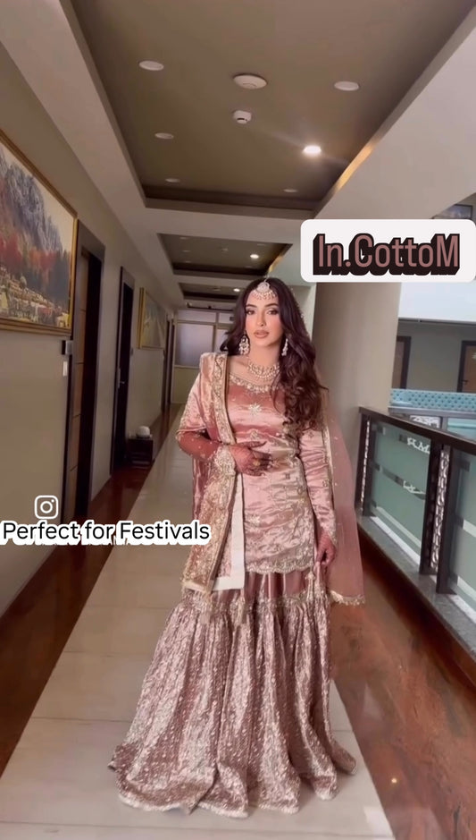 InCottoM - SILVER BROWN SILK TOP - SHARARA AND DUPATTA - SET OF 3