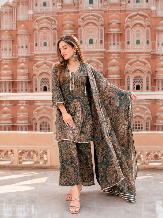 GREEN PAISLEY PRINT COTTON SUIT SET