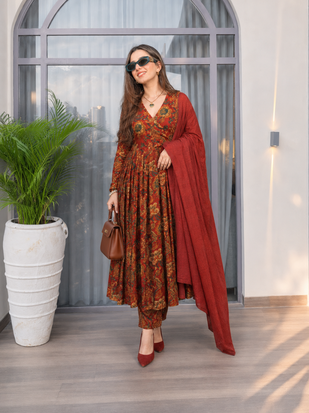 NOOR ANARKALI IN ENGLISH GREEN & MAROON