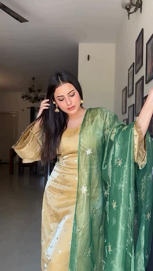 GOLDEN & GREEN DESIGNER SILK BELL SLEEVES KURTA , PANT WITH DUPATTA