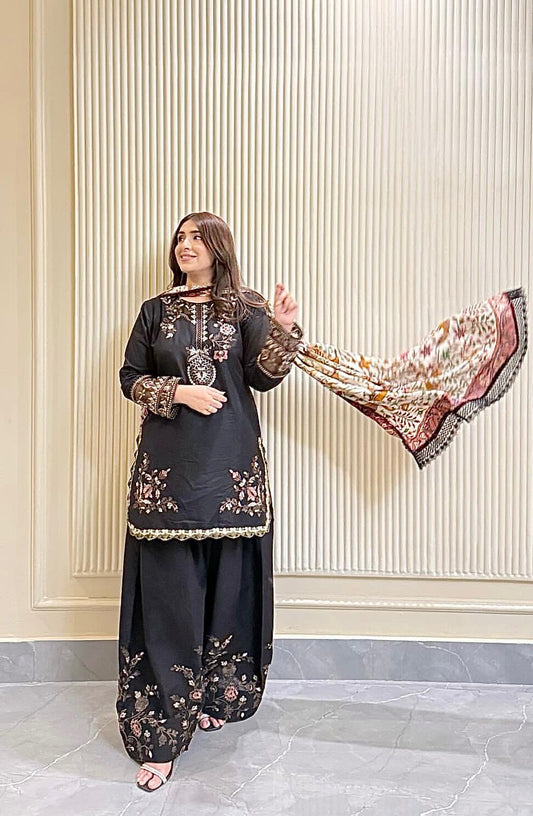 BEAUTIFUL BLACK DIGITAL PRINTED LACE BORDER WORK MASKA COTTON DESIGNER SALWAR SUIT