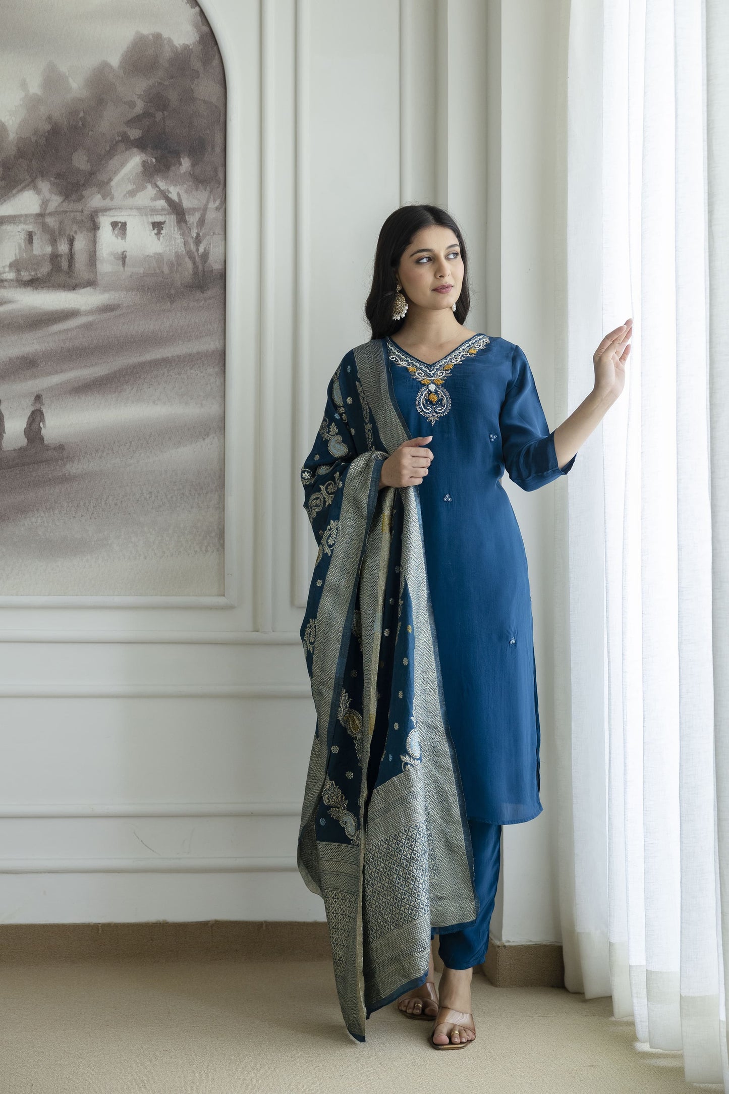 MIDNIGHT BLUE NATURAL CRAPE STRAIGH KURTI PANT SET (Real Hand Work)
