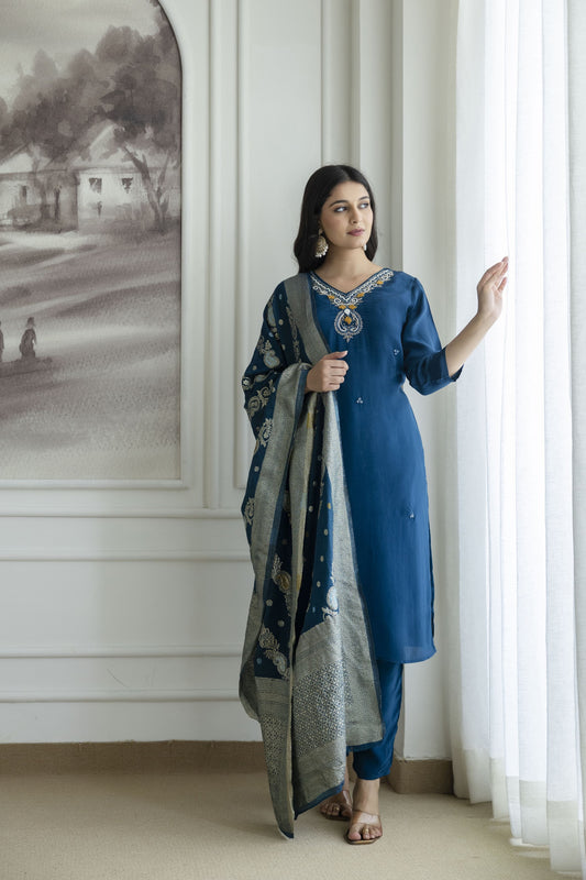 MIDNIGHT BLUE NATURAL CRAPE STRAIGH KURTI PANT SET (Real Hand Work)