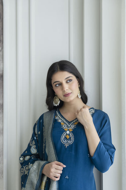 MIDNIGHT BLUE NATURAL CRAPE STRAIGH KURTI PANT SET (Real Hand Work)