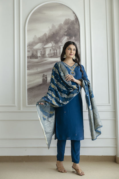 MIDNIGHT BLUE NATURAL CRAPE STRAIGH KURTI PANT SET (Real Hand Work)