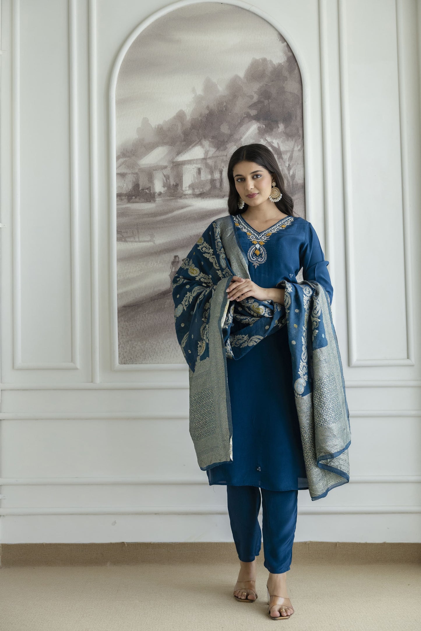 MIDNIGHT BLUE NATURAL CRAPE STRAIGH KURTI PANT SET (Real Hand Work)