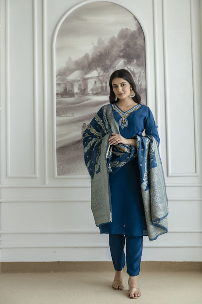 MIDNIGHT BLUE NATURAL CRAPE STRAIGH KURTI PANT SET (Real Hand Work)