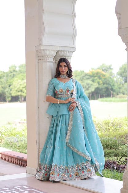 SKY BLUE -MODERN GOLD CRUSH MULTI THREAD EMBROIDERY ZARI SEQUENCE-WORK TOP LEHENGA WITH DUPATTA (FULLY STTITCHED)