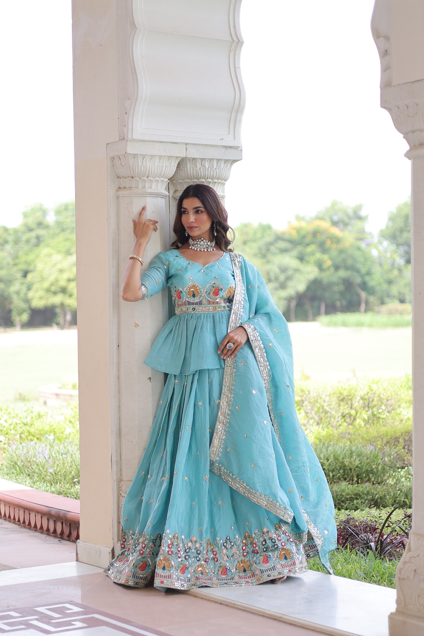 SKY BLUE -MODERN GOLD CRUSH MULTI THREAD EMBROIDERY ZARI SEQUENCE-WORK TOP LEHENGA WITH DUPATTA (FULLY STTITCHED)