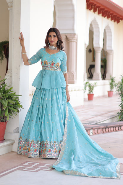 SKY BLUE -MODERN GOLD CRUSH MULTI THREAD EMBROIDERY ZARI SEQUENCE-WORK TOP LEHENGA WITH DUPATTA (FULLY STTITCHED)