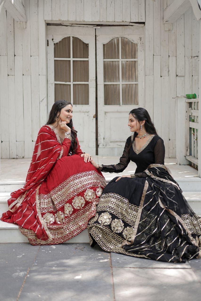 SABYASACHI INSPIRED BLACK & RED READYMADE ANARKALI GOWN WITH DUPATTA (FULLY STTITCHED )