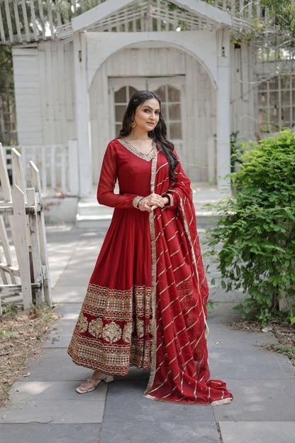 SABYASACHI INSPIRED BLACK & RED READYMADE ANARKALI GOWN WITH DUPATTA (FULLY STTITCHED )